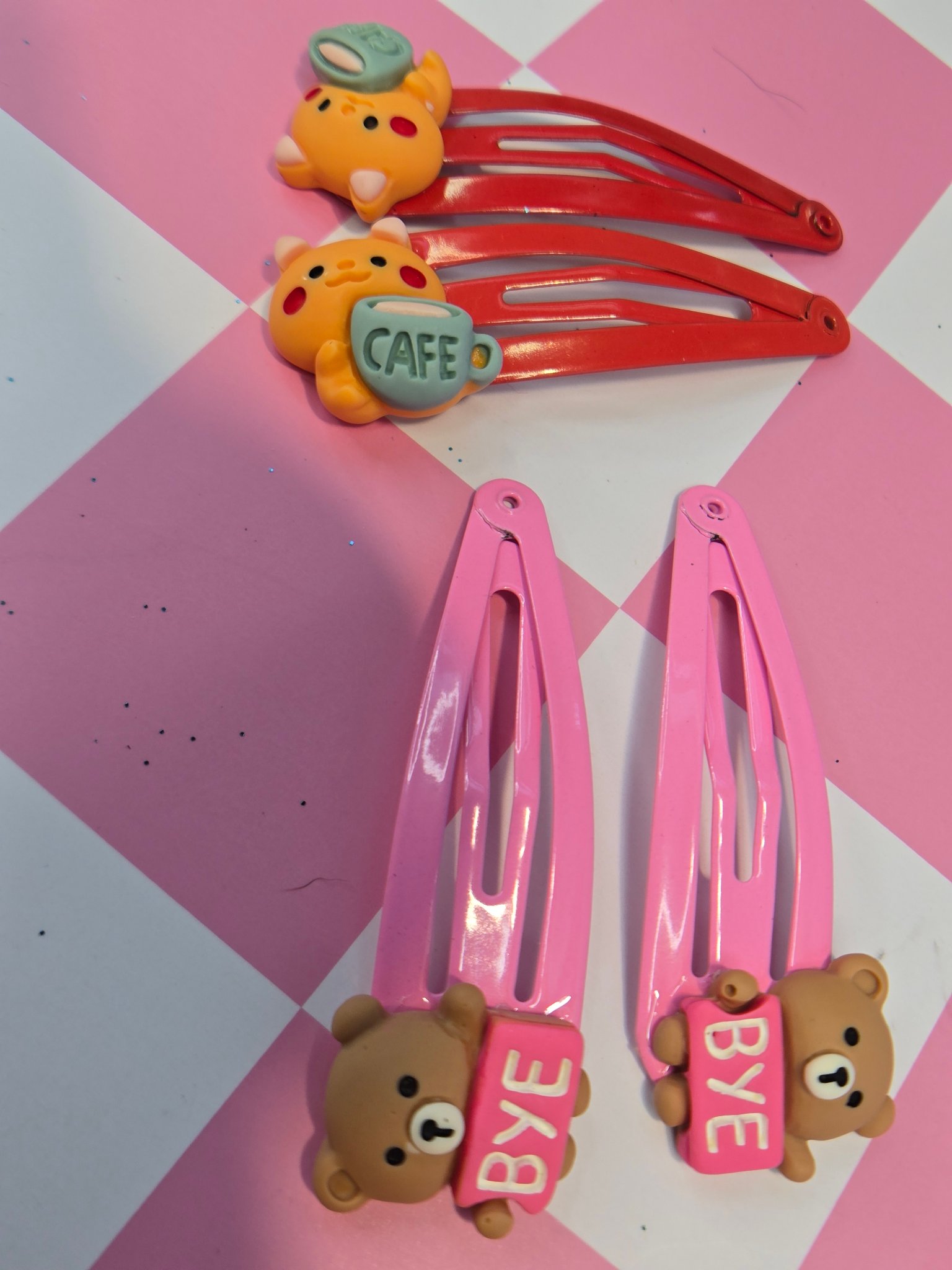 🐻🐱 Kawaii Bye Bear & Café Cat Barrette Sets — Say Bye Teddy & Coffee Kitty!