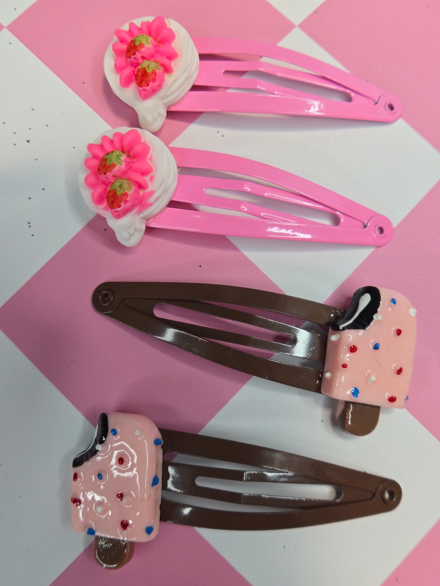 🍦🍓 Kawaii Sweetie Treat Barrette Sets — Sprinkle Pop & Strawberry Cake!