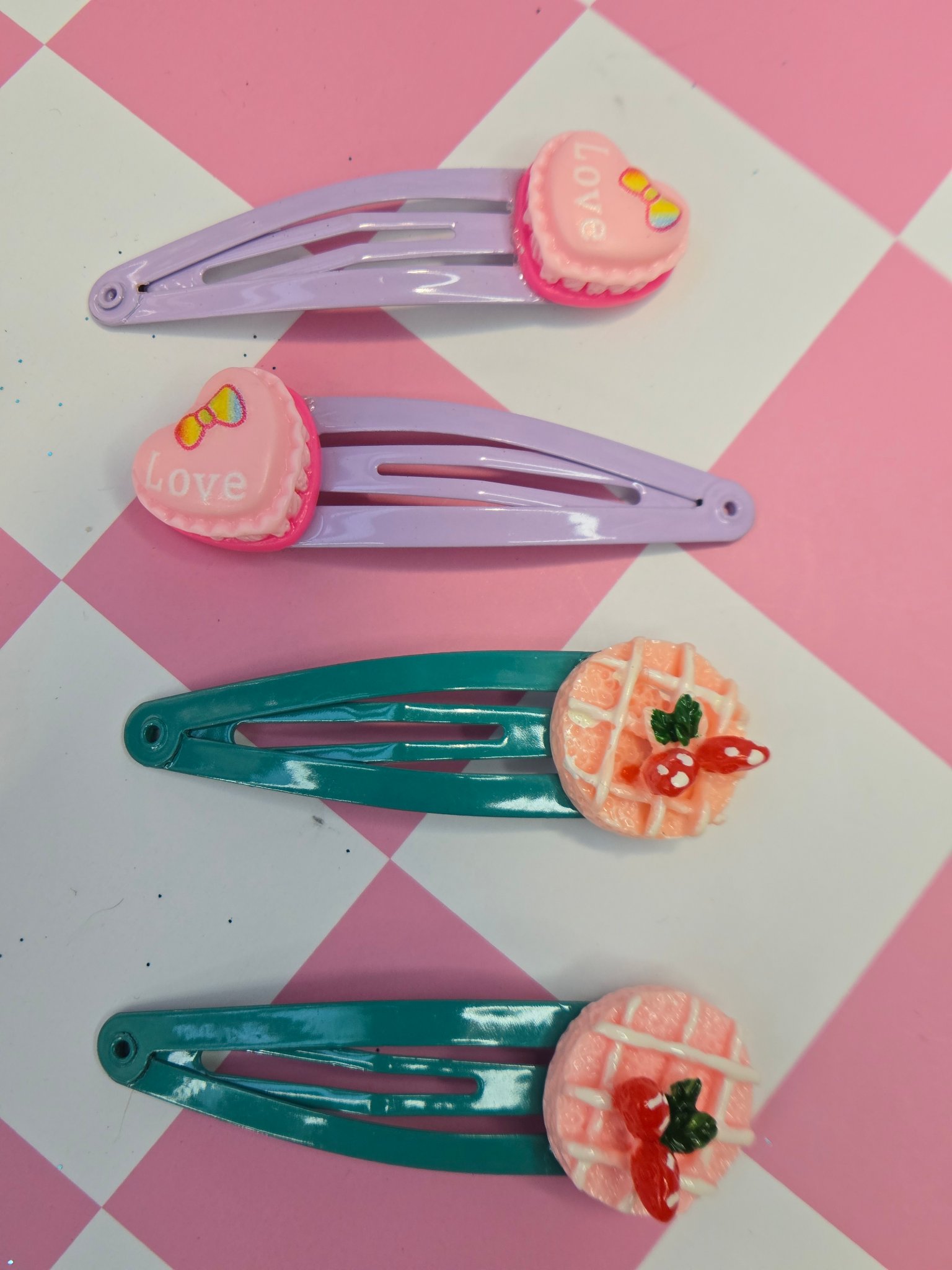 💜🧇 Kawaii Love & Waffles Barrette Sets — Love Heart & Strawberry Waffle!