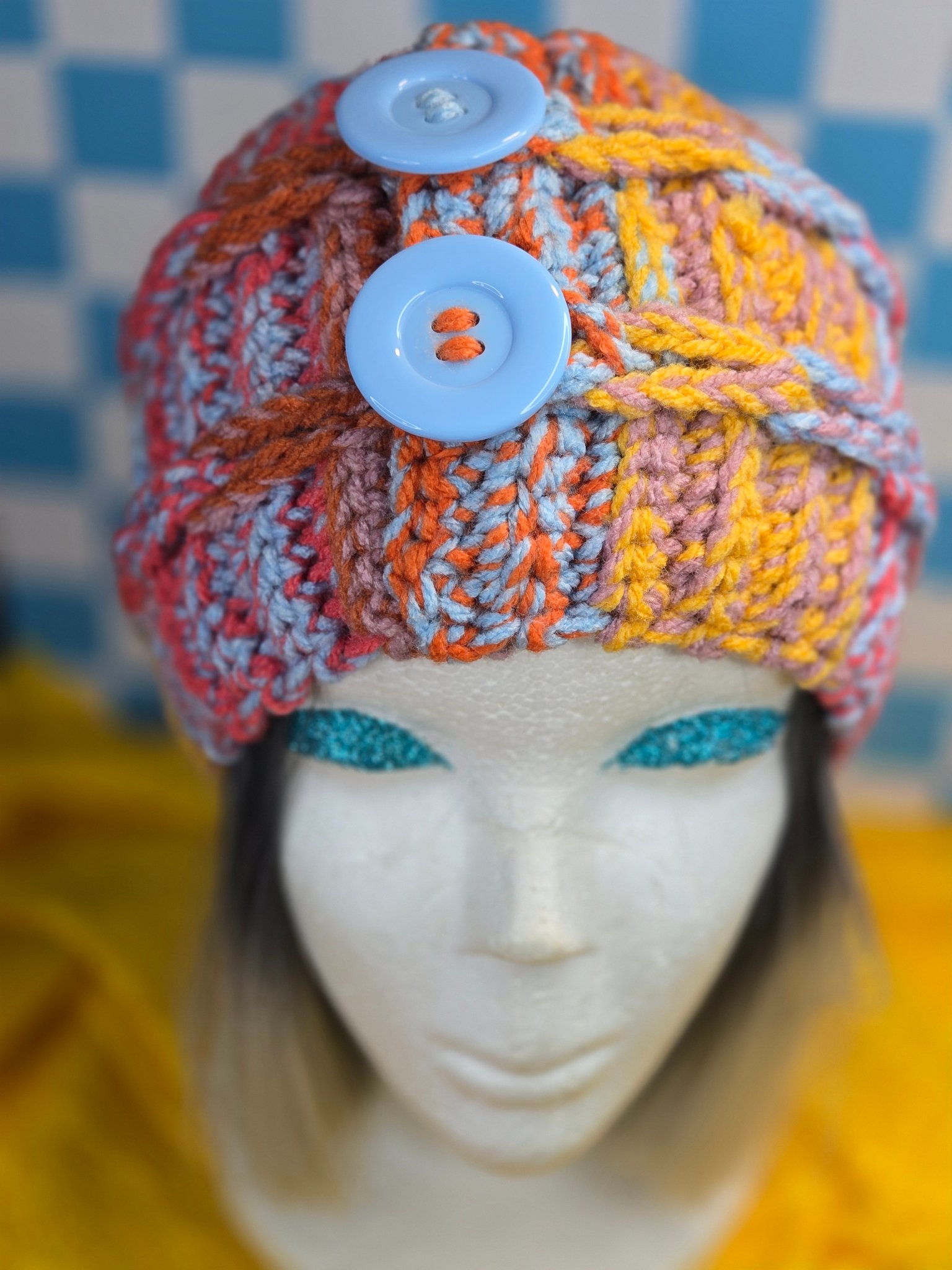 🌅🪡 Handmade Crochet Winter Headband — Sunset Sorbet with Double Button!