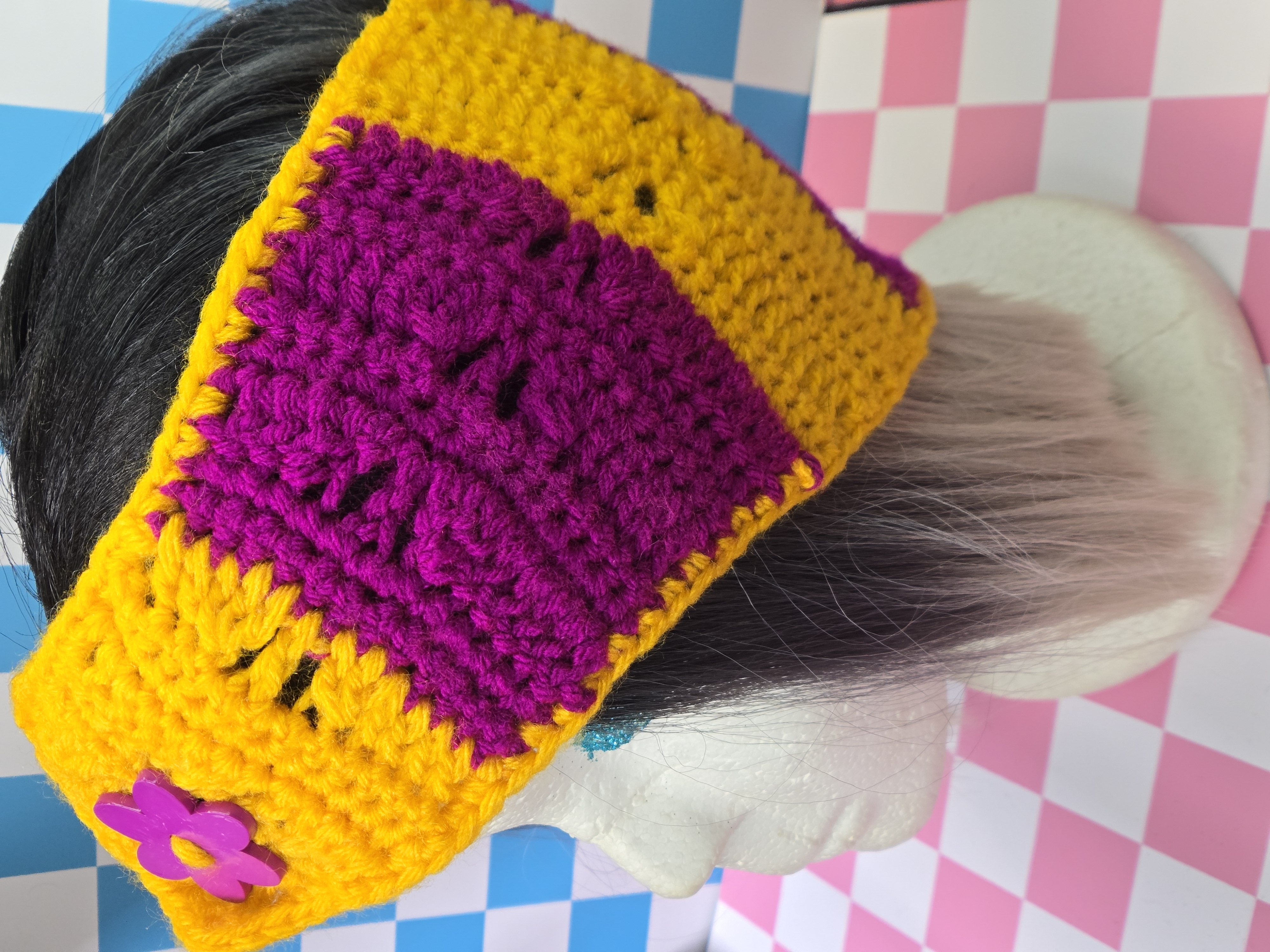 Sunshine & Magenta Granny Square Flower Button Headband