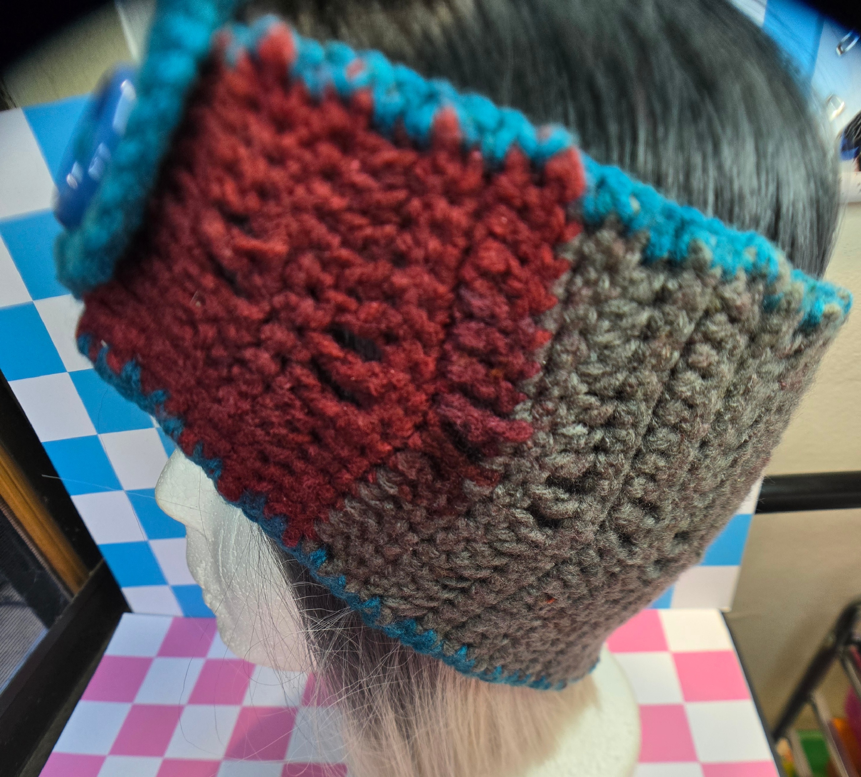 Ocean Teal & Burgundy Colorblock Granny Square Button Headband
